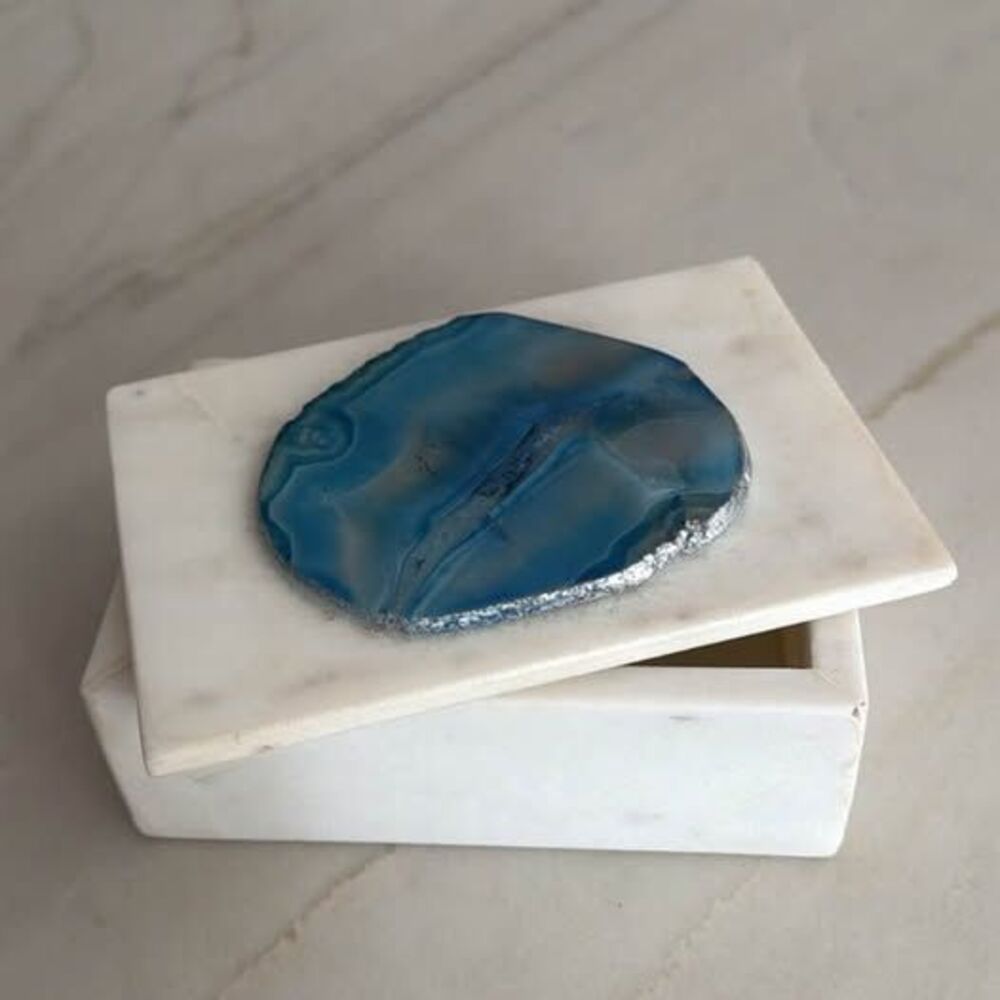 Nicole Miller Marble Jewelry Trinket Box w/ Blue Agate Stone Lid 4x6